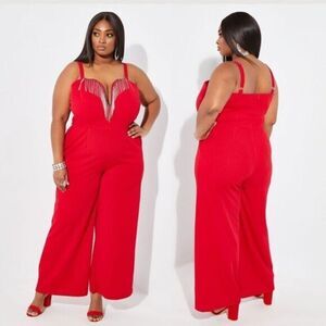 Ashley Stewart Women's Jewel Trimmed‎ Red Wide Leg Jumpsuit